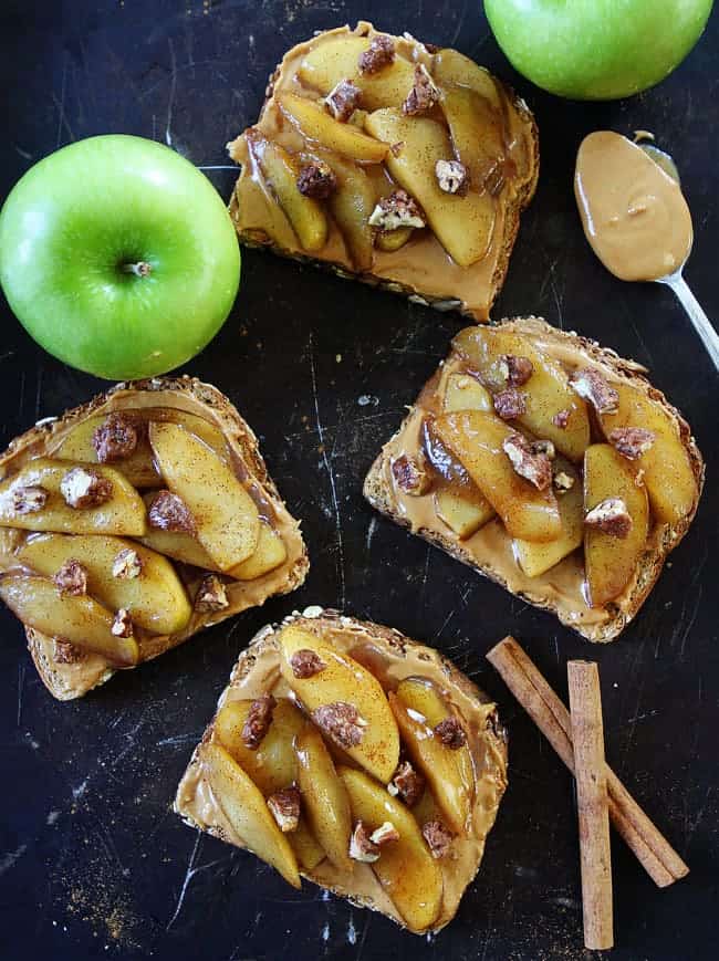 two peas and their pod peanut butter toast with skillet cinnamon apples - 10 Easy Real Food Snacks – No Baking Required!